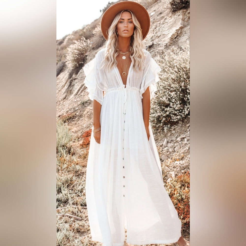 Vici Anika Pocketed Button Down Ruffle Maxi Dress